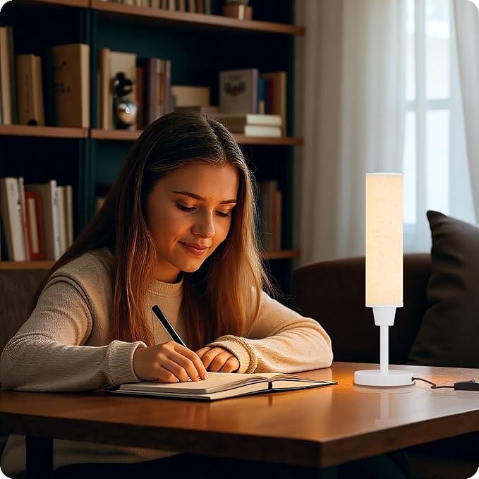 Table Lamp with Remote，Bedside Lamps for Night Stands, Nightstand Lamp with Adjustable Brightness (10%-100%) and Color Temperature (3000k-6000k),Small Lamp for Bedroom (White-Beige Linen)