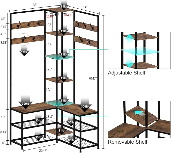 GiftGo Corner Hall Tree with Shoe Rack Storage Bench Display Open Shelves Modern Industrial Entryway Coat Rack Stand for Home Living Room Mudroom Bedroom Multifunctional 5 in 1 (Rustic Brown)