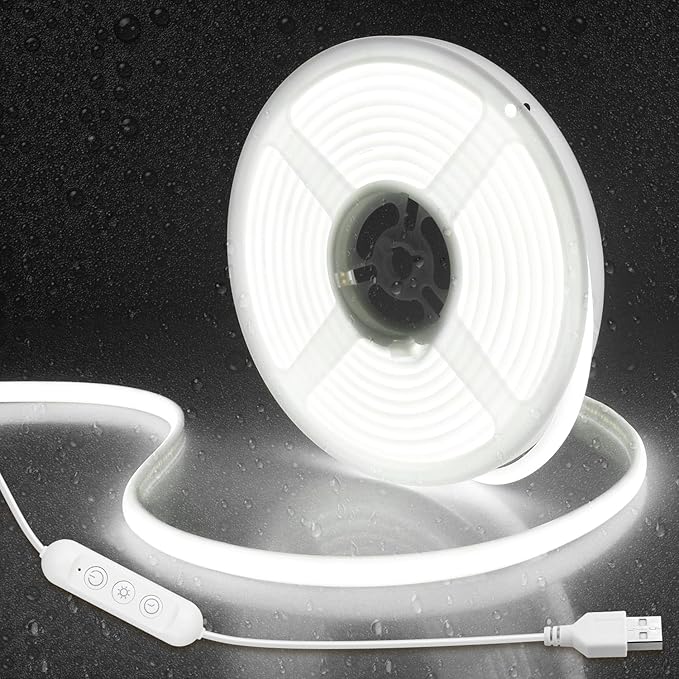 Aclorol 5V COB LED Strip Light 6000K Cold White Waterproof IP67 Dimmable 20FT LED Rope Lights with Timer 8mm Width for Bedroom Kitchen Balcony Railing Pergola Indoor Outdoor Lighting Decoration CRI90+