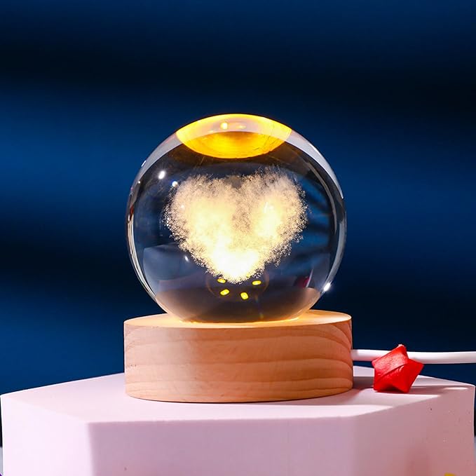 3D Galaxy Crystal Ball Night Light 60mm, 7 Color LED Glass Sphere Lamp with Wooden Base, Crystal Globe Orb Bedroom Decor, Unique Space Gift for Teen Boys Girls(Heart Cloud)