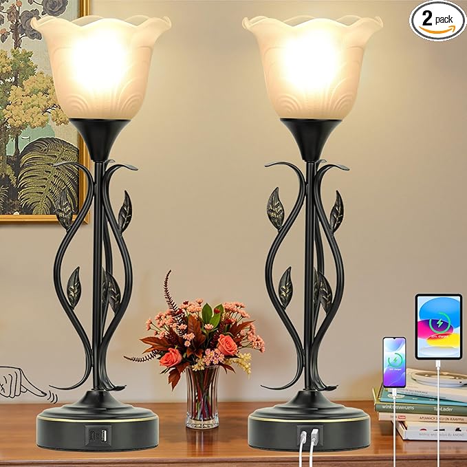 Bedside Lamps Set of 2, Table Lamp with USB Port 3 Way Dimmable Touch lamp Torchiere Nightstand Lamps with Rustic Vines Leaf and Glass Flower Shade lamp for Bedroom, Living Room, Office