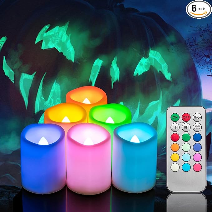 CANDLE IDEA 6 PCS Color Changing Remote Flameless Flickering LED Timer Votive Candles/Colored Battery Operated Tea Light Fake Candle for Outdoor Halloween Pumpkin Easter Christmas Decorations