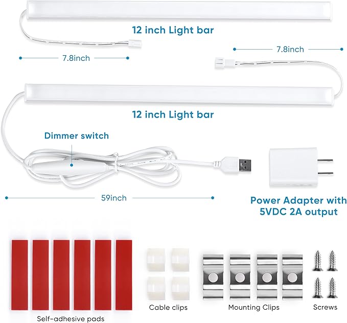 Litever Plug-in Under Cabinet Lighting Kit with Adapter, Dimmer, 2 pcs 12 Inch USB LED Light Strips. Dimmable Linkable for Kitchen Counter, Workbench, Over Sink, Closet, Pantry. Cool White 4000K