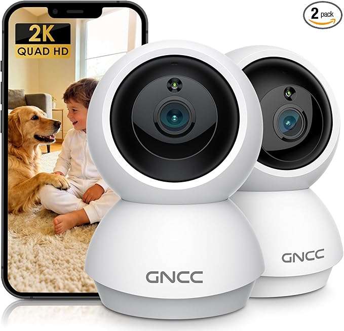 GNCC 2K Cameras for Home Security, Indoor Pan/Tilt Security Camera for Baby Monitor/Pet Camera, Motion Detection, Night Vision, 2-Way Audio, 24/7 SD Card Storage & Optional Cloud, 2.4/5GHz WiFi, 2 Pcs