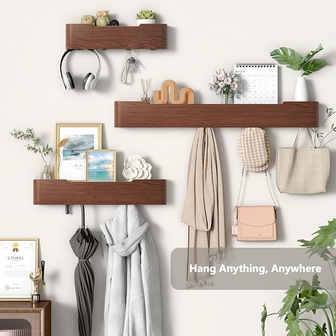 Coat Rack Wall Mount Entryway Organizer Modern Key Holder Wall Mount with Wooden Shelf Entryway Hooks for Bedroom Kitchen Hallway Bathroom for Hanging Coats Hats Dog Leashes Bags Towels