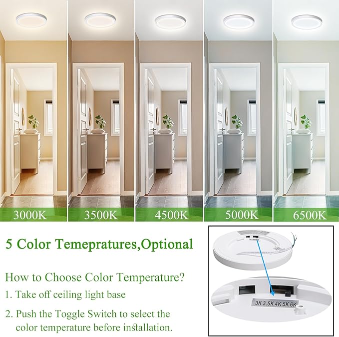 LED Flush Mount Ceiling Light , Super Slim 12W 7Inch 3000K/3500K/4500K/5000K/6500K 5 Color Changeable 1440LM Low Profile White Ceiling Light for Bedroom, Living Room, Dining Room, Hallway, Pack of 2