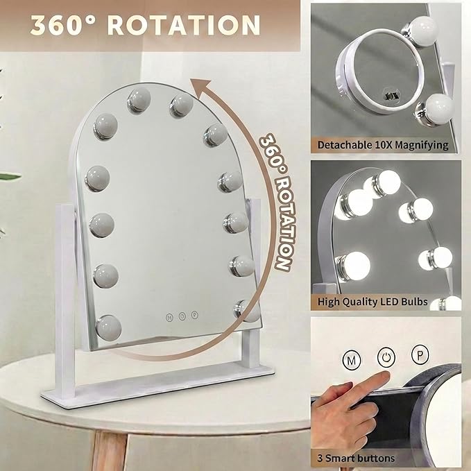 Arched Makeup Vanity Mirror with Lights 18.5"x 14.17" LED Makeup Mirror Detachable 10X Magnification, Hollywood Make Up Mirror with Lighting, Smart Touch, Rechargeable,360° Rotation, (White)