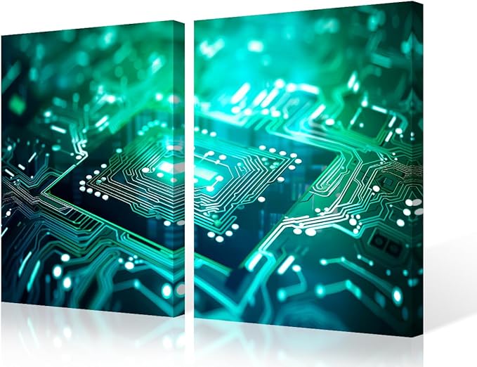 Colorful Semiconductor Chip Wall Art for Living Room Modern Home Decor Circuit Board Canvas Poster Pictures House Decorations Artwork Paitings 3 Pieces Framed Stretched Ready to Hang, 24" Wx16 H