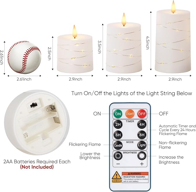Raycare Flameless Candles with Remote Timer, Flickering Battery Operated LED Pillar Fake Candle with String Lights for Home Decor, Christmas, Wedding and Gift, White, Set of 3