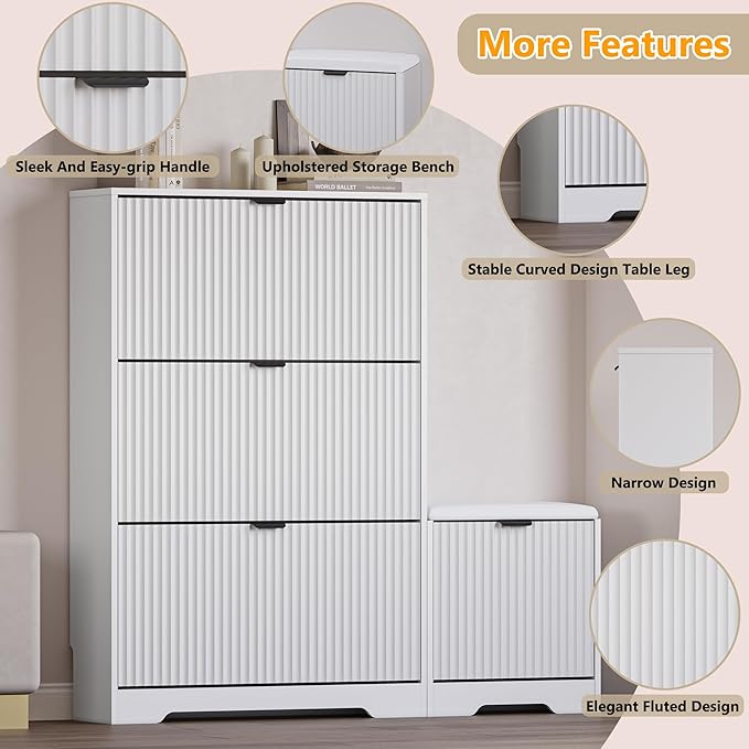 Slim Shoe Cabinet with Bench for Entryway, Hidden Storage and Adjustable Shelves, Free Standing Wooden Shoes Organizer for Foyer, Hallway