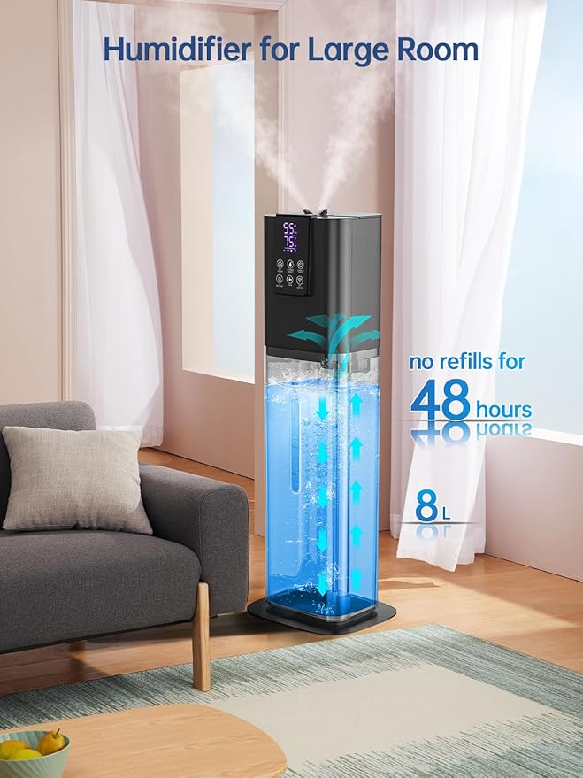 8L Smart Humidifiers for Bedroom Large Room, 2.1Gal Cool Mist Top Fill Diffuser Ambient Light, App & Remote Control, 3 Mist Modes, Quiet Humidifier for Home Office Plant (Black)