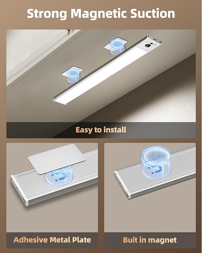 EZVALO 16.5inch Under Cabinet Lighting, 4000mAh Rechargeable Motion Sensor Light Indoor, with Dimmable & 3 Color Temps, Magnetic Closet Lights, Wireless Under Counter Lights for Kitchen (4-Pack)