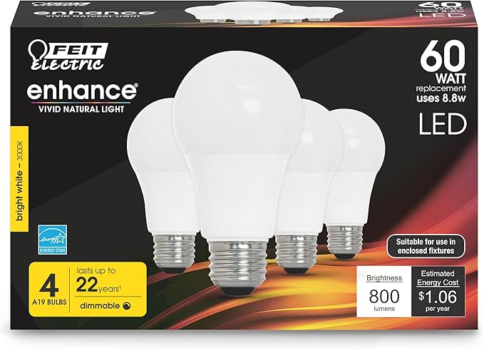 Feit Electric A19 LED Light Bulb, 60W Equivalent, Dimmable, 800 Lumens, E26 Medium Base, 3000K Bright White, CRI 90, 25,000 Hour Lifetime, UL Listed, Damp Rated, 4 Pack, OM60DM/930CA/4