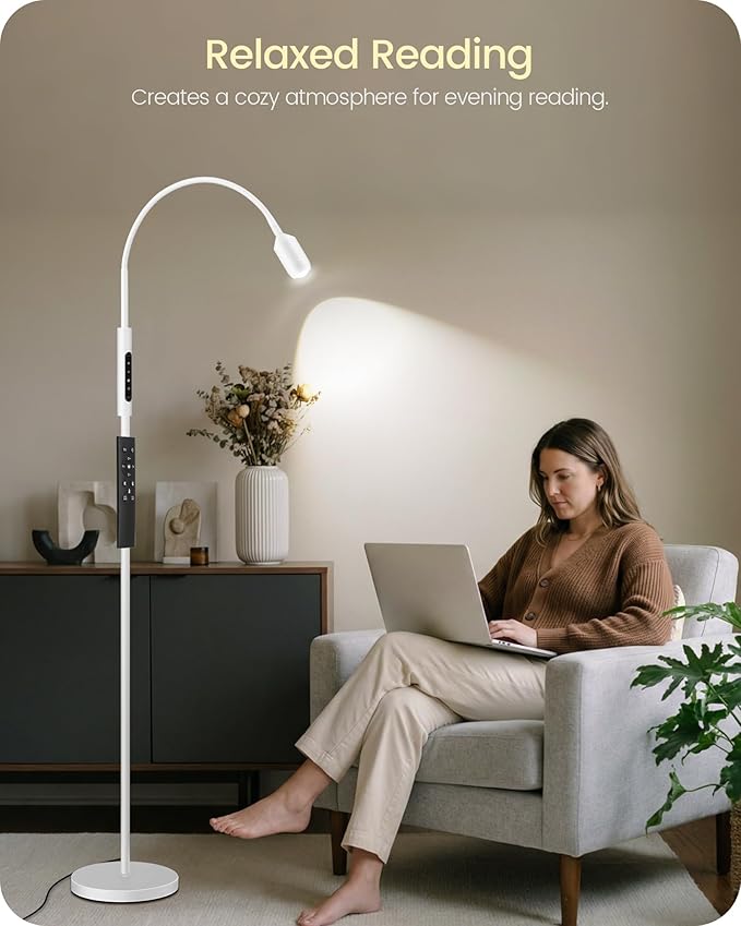 Reading Floor Lamp, 74.2" Tall LED Lamp, with 360° Flexible Gooseneck & Touch & Remote Control, Ajustable Color & Beam, Crafts Standing Lamp, for Reading, Task Craft, Living, White WW16LD05
