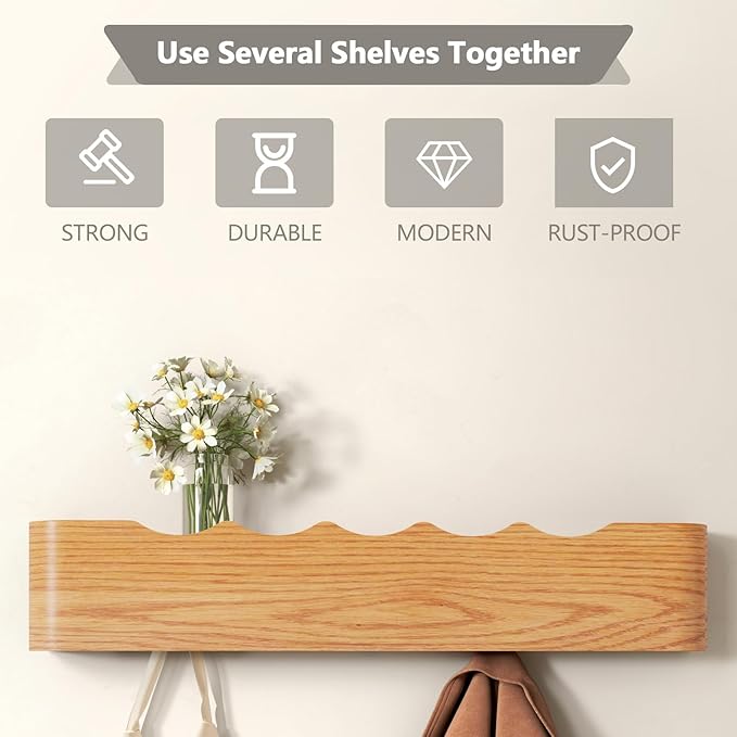 Coat Rack Wall Mount Entryway Organizer Modern Key Holder Wall Mount with Wooden Shelf Entryway Hooks for Bedroom Kitchen Hallway Bathroom for Hanging Coats Hats Dog Leashes Bags Towels