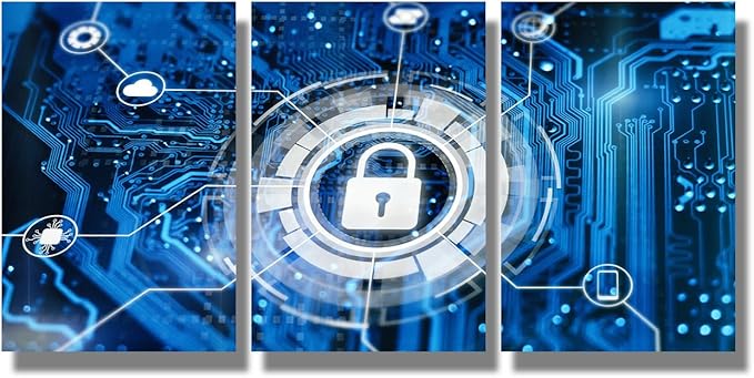 Modern Wall Art 3 Panel Cybersecurity and Secure Nerwork Internet Technology Pictures Print on Canvas for Living Room Wall Decoration, Framed Wall Art, 12x16inchx3