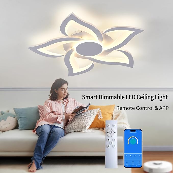 HuixuTe 24" Modern Geometric Ceiling Light Fixture, White Dimmable 3 Colors LED Close to Ceiling Light Fixtures with Remote, Low Profile Flush Mount Ceiling Light for Kitchen, Living Room