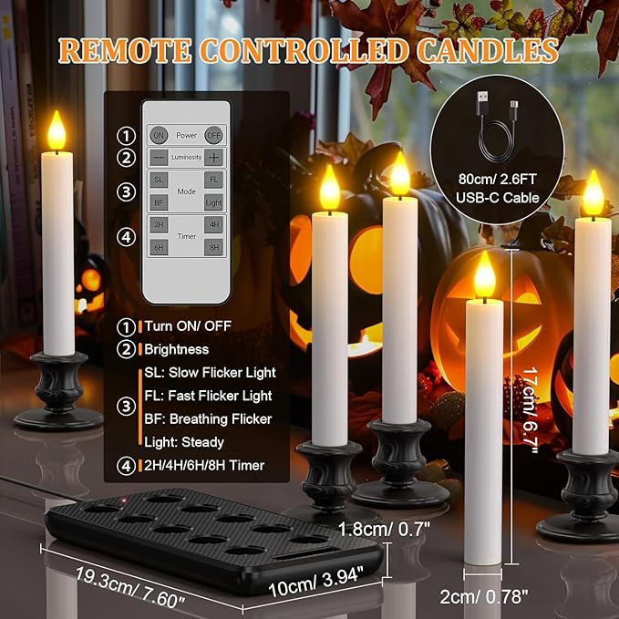SoulBay 10pcs Flameless Rechargeable Taper Candles, Bright Realistic Flickering LED Electric Candlesticks with Charging Base and Remote Timer for Home Windowsill Christmas Decorations, 0.78" x 6.7"