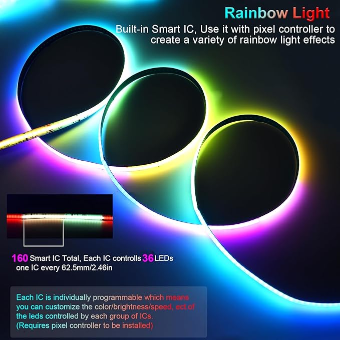 INDARUN RGB COB Led Light Strip with Smart IC, 24V COB Led Strip Light 32.8ft, 10mm Width, 5760 LEDs, RGB Color Changing Light for TV Backlight, Flexible Led Tape Light for Christmas Party, Room Decor