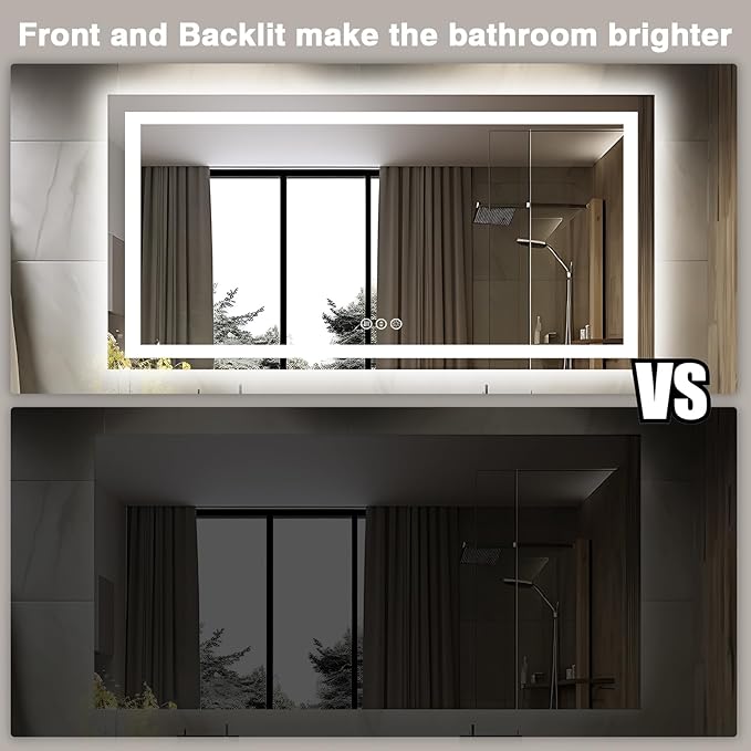 60"x28" LED Bathroom Mirrors for Wall, Front and Backlit Mirror, Anti-Fog Vanity Mirror with Lights, Stepless 3 Colors Dimmable Smart Lighted Mirror(Horizontal/Vertical)