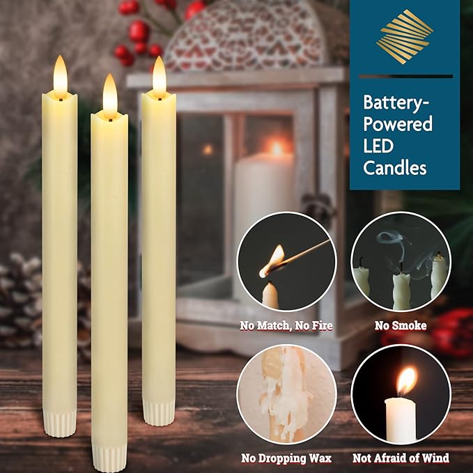 Real Wax Flameless Taper Candles with Remote Timer,Battery Operated LED Candles Set with 3D Flickering Flame,9.6" Ivory Realistic Dripless Candlesticks for Wedding Home Decor,6 Pack