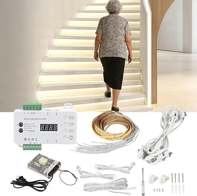 Indoor Stair Light Motion Sensor Wired Stairway Lighting with COB LED Stair Strip Lighting for Each Step Light up One at a time Under Step Cascading Staircase Running Light for New Construction