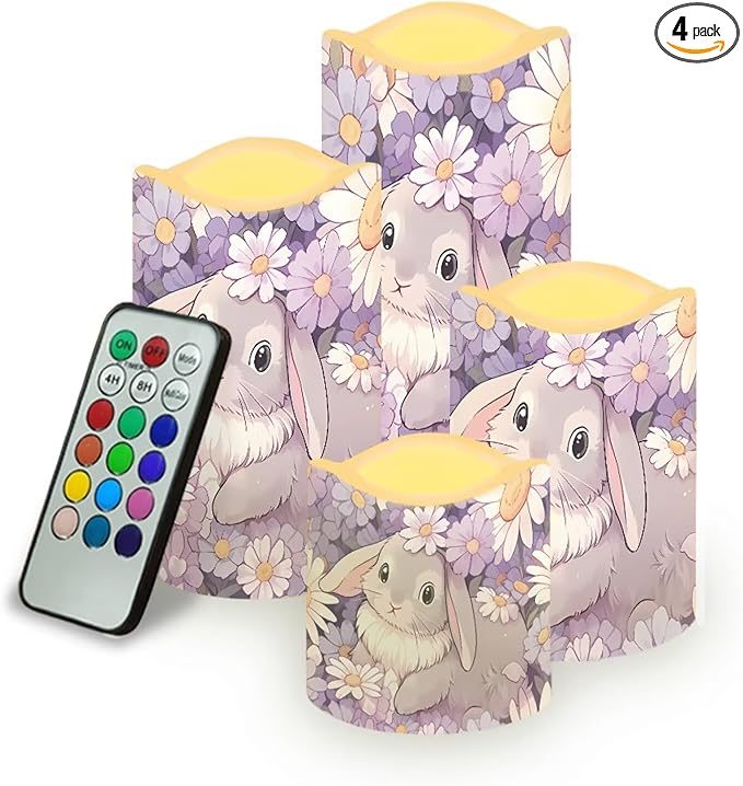 Cute Bunny Puprle Daisy Flickering Flameless Candles with Remote LED Pillar Candles Battery Operated with Timer Color Changing Electric Candles Easter Decoration