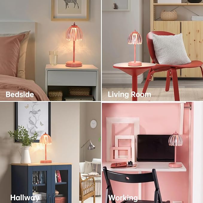 Rechargeable Table Lamp with 5200mAh Battery & Touch Control - 3 Adjustable Color Temperatures, Cordless Dimmable Table Light for Bedroom, Office Desk, Nightstand (Clear Pink,Pink Base)