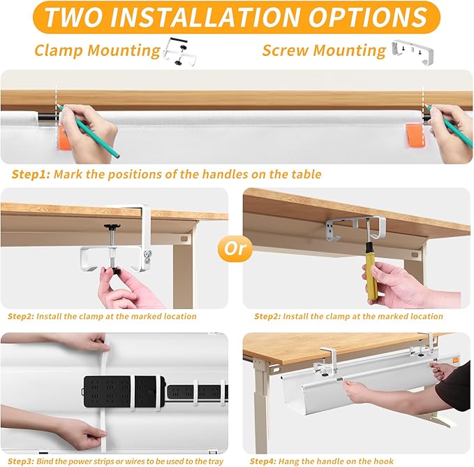 Under Desk Cable Management Tray with Clamp, No Drill 28" Cord Organizer for Desk, Desk Cable Management Fabric Tray for Standing Desks, Ideal for Home & Office - White