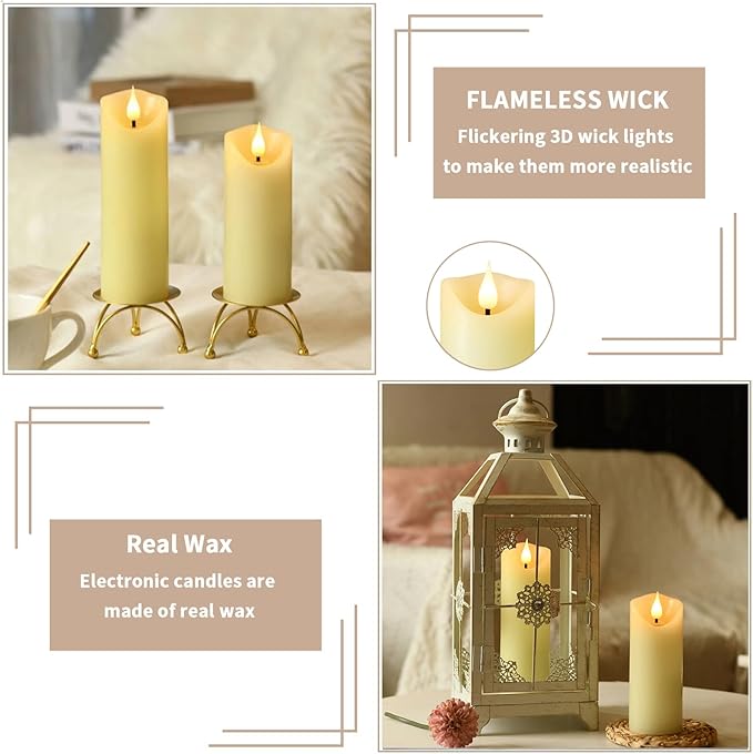 Rechargeable Flameless Candles, 2" x 6", ste of 2, Battery Operated Led Candles, Real Wax Candle with Remote and Timer, Ivory 3D Wick Pillar Candle for Home Fireplace, Wedding Decoration