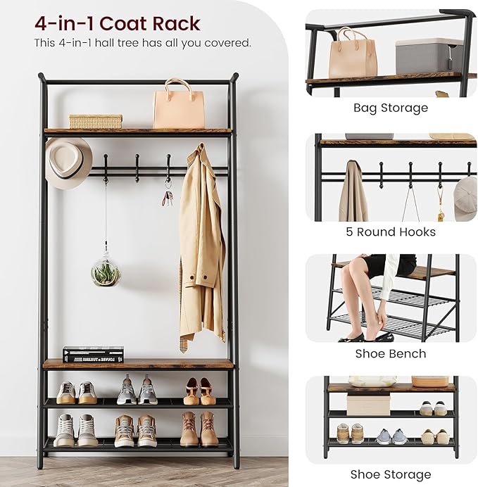 OUTLANE Entryway Hall Tree with 5 Hooks, Shoe Bench & Storage Shelf, Coat Rack Organizer with Wood Accents and Metal Frame for Entryway, Living Room, Bedroom, Rustic Brown-Single row