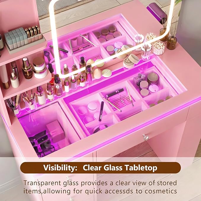 Pink Vanity Desk with Illuminated Mirror & Power Outlet, Bedroom Dresser LED Mirror Stepless Dimmable & 3 Color Modes Adjustable RGB Drawers, for Women Girls Bedroom（Pure Pink