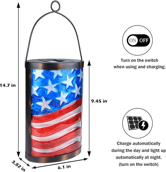 Afirst Solar Lantern Outdoor Hanging Glass Solar American Flag Lights Waterproof Led Lamp for Garden Yard Tree Desk Decor