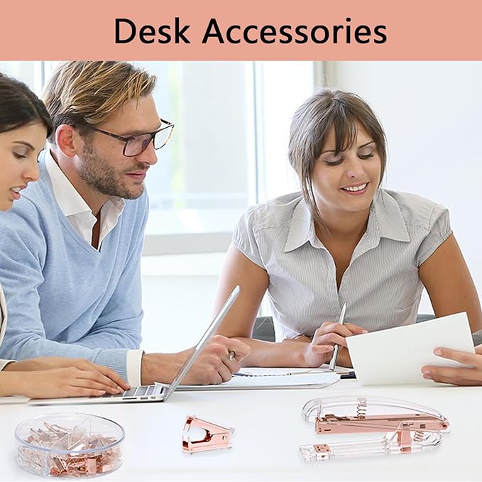 suniya Office Supplies,Desk Accessories,with Stapler,Tape Dispenser,Staple Remover,Scissor,Ballpoint Pen,Clear Tape,Staples,Binder,Best Gift Set(Rose Gold)
