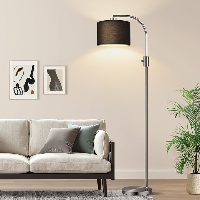Nintiue Upgraded Modern Arc Dimmable Tall Standing Floor Lamp with Black Shade, 1200 Lumens LED Bulb Included, for Living & Reading Room, Bedroom, Office & Nursery, Brushed Nickel
