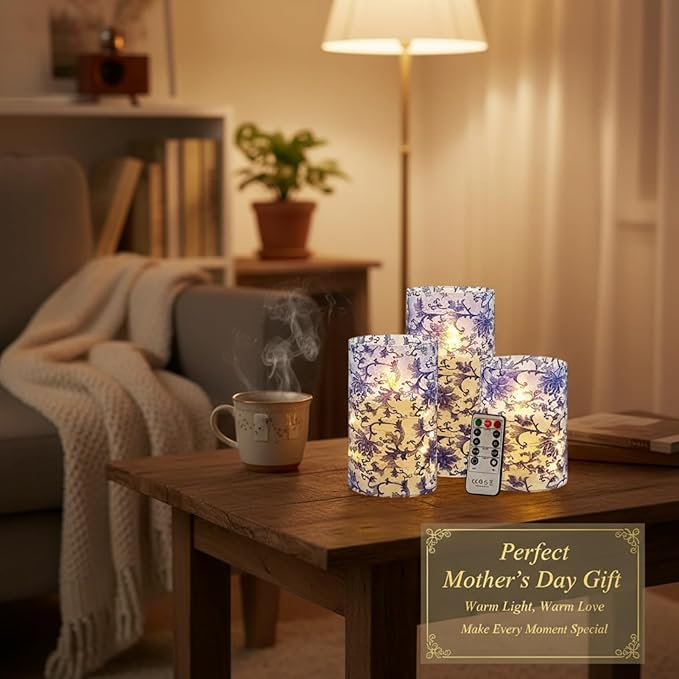 Floral Flameless LED Pillar Candles with String Lights, 3pcs Blue and White Battery Operated Flickering Candles with Timer Remote,Chinese Porcelain Style Candle for Wedding Mother's Day Home Decor