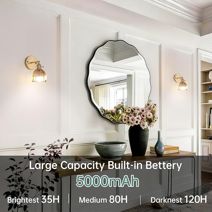 Vintage Battery Operated Wall Sconce with Amber Tulip Glass Lampshade 5000 mAh Rechargeable Battery Powered Wall Light with Remote Control for Bedside Bedroom Doorway, Set of 2