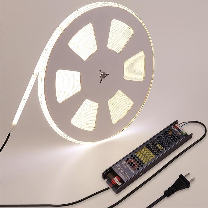 48V Outdoor LED Strip Lights Waterproof, 65.6ft 150W 4000K Natural White Dimmable LED Tape Light Cuttable with Power Supply for Bedroom Ceiling Garden Living Room Commercial House