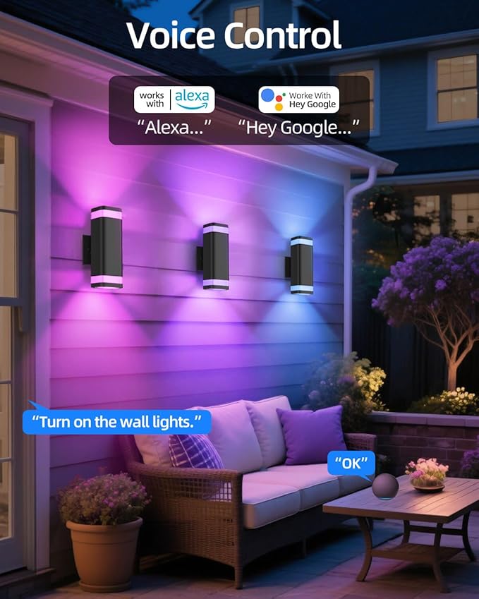 Smart Outdoor RGB Wall Lights 2 Pack, Wi-Fi & App Control Color Changing Up and Down Wall Sconce with Remote, Dusk to Dawn Waterproof Exterior Lighting Fixtures Works with Alexa, Google Assistant