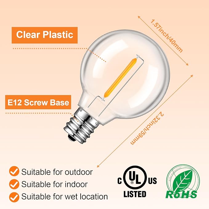 25 Pack G40 LED Replacement Light Bulbs, Waterproof Clear Globe Light Bulb E12 Screw Base for Outdoor String Lights, Patio Cafe Décor, Dimmable, Warm White