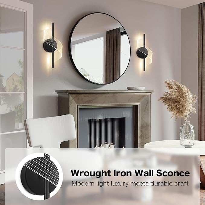 Modern LED Wall Sconce - 12" Height Spiral Wall Lamp with Acrylic Shade - 3000K 4000K 6000K Indoor Hardwired Wall Fixture for Bedroom Living Room Hallway Corridor (Black 1pack)