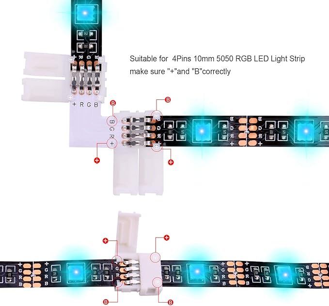 iCreating LED Strip Connectors 4 Pin, RGB LED Light Connectors Kit Includes 5050 LED Connectors L Shape 4Pin 10mm LED Light Strip Connectors for 10mm Wide 4-pin RGB LED Strip Lights