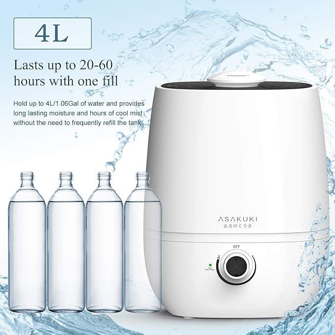 ASAKUKI Premium Cool Mist Humidifier, Large 4L Capacity Ultrasonic Diffuser Vaporizer, Whisper-Quiet Air Humidifier for Home,Office,Bedroom,Baby, Lasts Up to 20-60 Hours