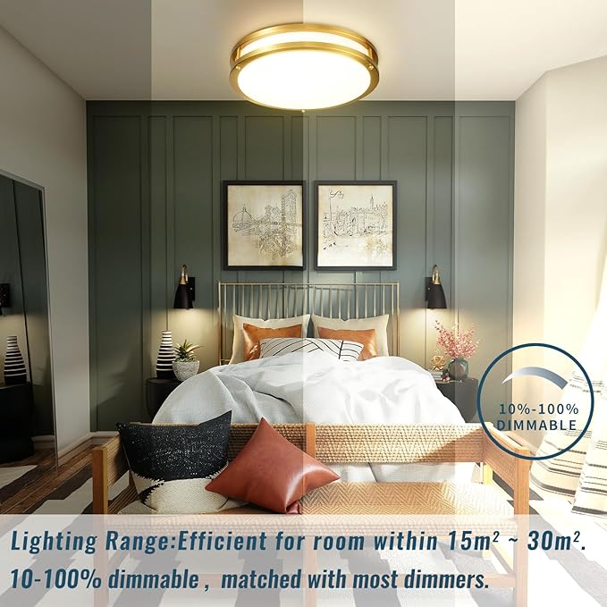 Gold Ceiling Light Fixture 24W, 12 inch LED Flush Mount Ceiling Light for Bedroom, Kitchen, Bathroom, 5CCT Dimmable Close to Ceiling Light Fixture for Hallway 2 Pack…
