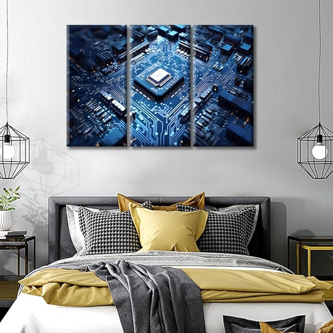 CPU Concept Wall Art Technology Blue AI Pictures Print On Canvas Circuit Board Modern Artwork 3 Panels Wall Art for Living Room Office Gallery Wrapped Posters Framed Ready to Hang, (42"Wx28"H)