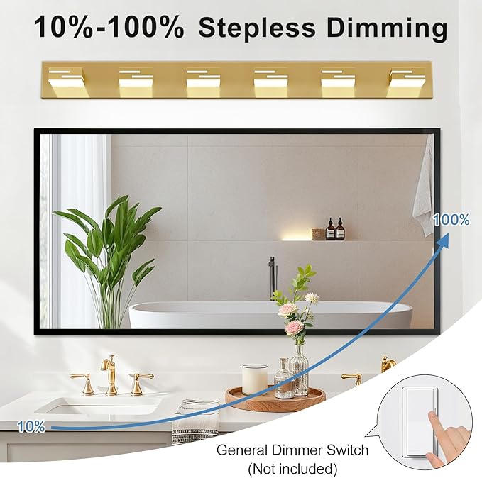 LED Modern Bathroom Vanity Light Fixtures, 6-Light 40-inch Dimmable Gold Vanity Lights for Bathroom Lighting Fixtures Over Mirror, with 350° Rotatable Heads (Cool White 6000K)