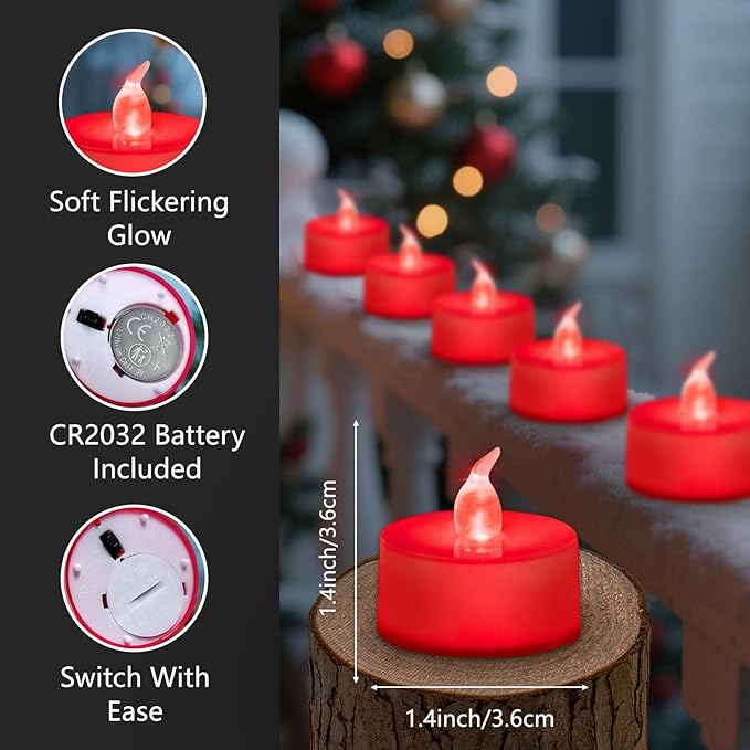 Tea Lights Battery Operated Candles LED Tea Lights Flameless Candles 200+ Hours Flickering Fake Tealights for Sweetest Day Wedding Home Decorations Party (Red Base, 12 Pack)