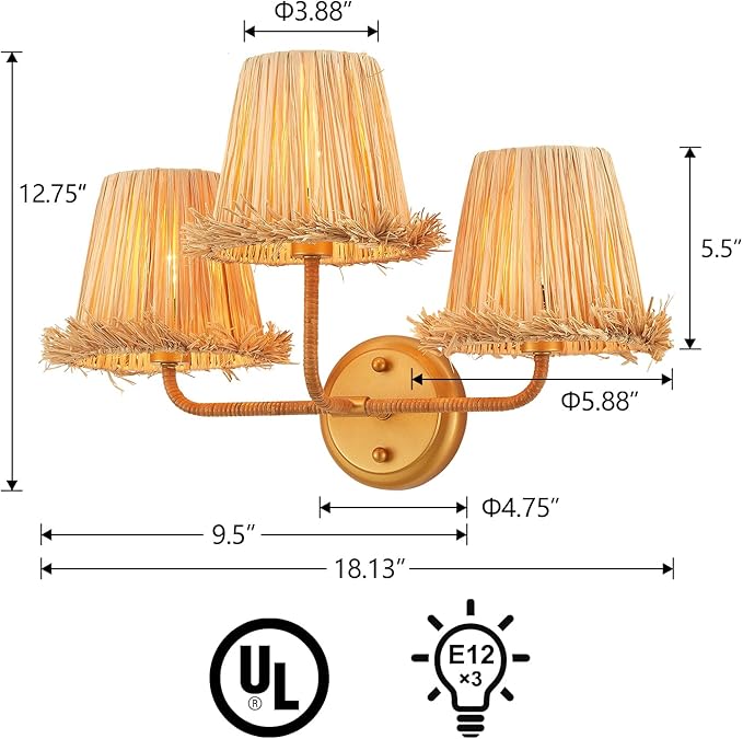 Boho Hand Woven Rattan Wall Sconces 3-Lights Wall Lamp Coastal Brass Wall Lights for Hallway Vanity Bedside Doorway, UL Listed