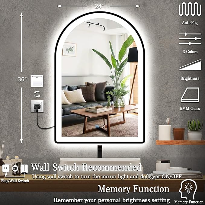 24 x 36 Inch Black Arch LED Vanity Mirror with Lights, Black Frame, 3 Color Anti Fog, 36" Bathroom Arch Smart Light Up Mirror