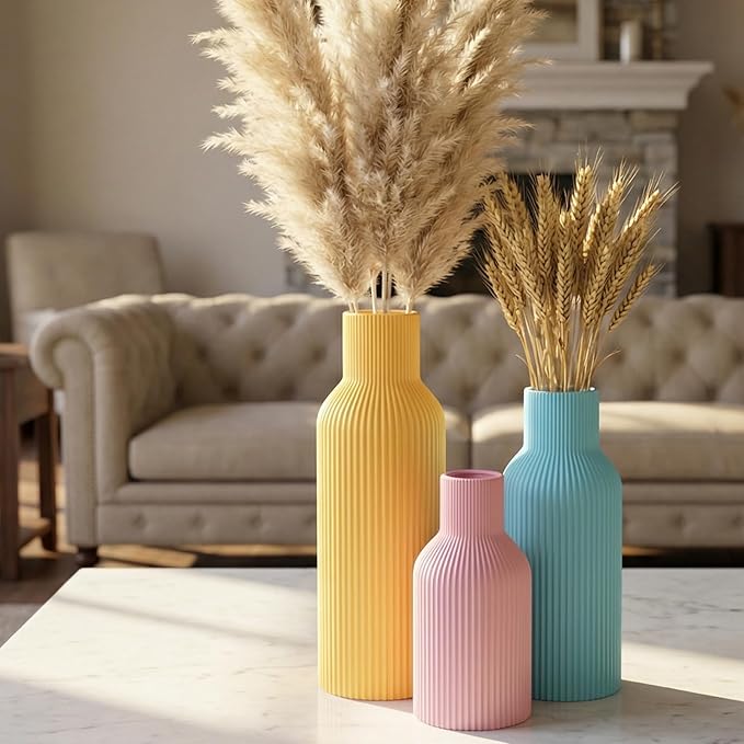 Colorful Ceramic Vases Set of 3 (Pink, Blue, Yellow) - Modern Matte Ribbed Color-Block Vases for Dried Flowers - Scandi Boho Decor Centerpieces for Living Room & Shelf